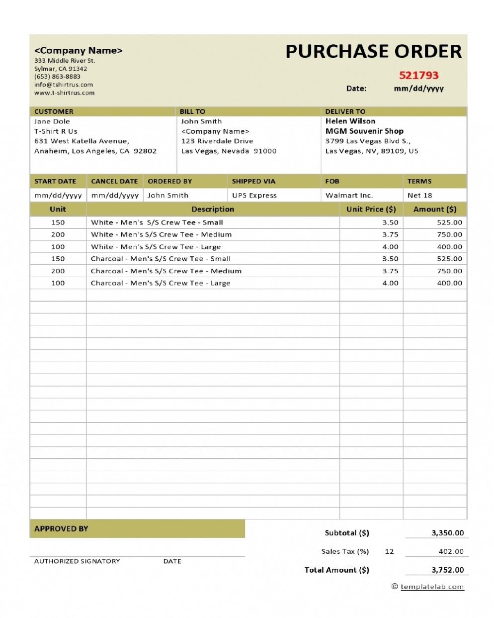 Printable Construction Materials Purchase Order Template Excel Example