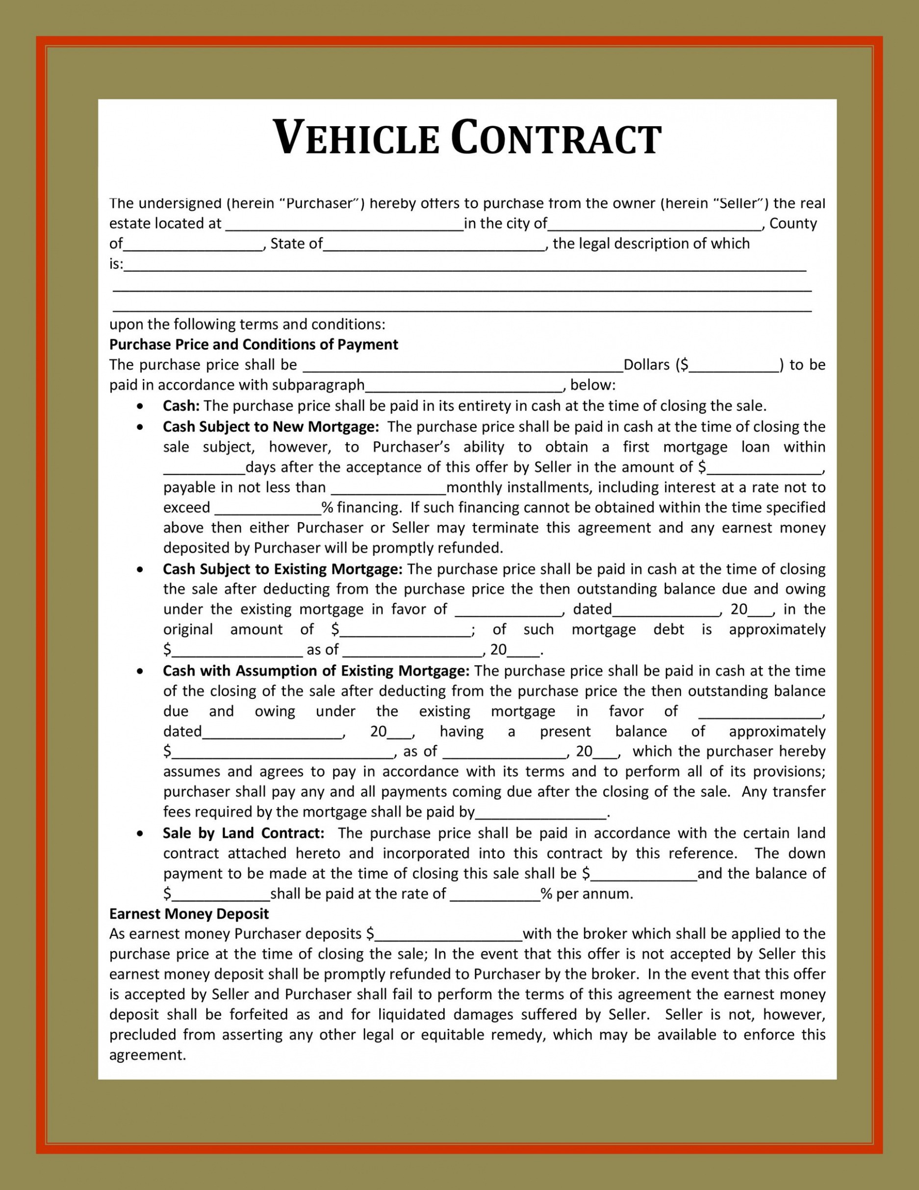 Printable Used Vehicle Purchase Order Template