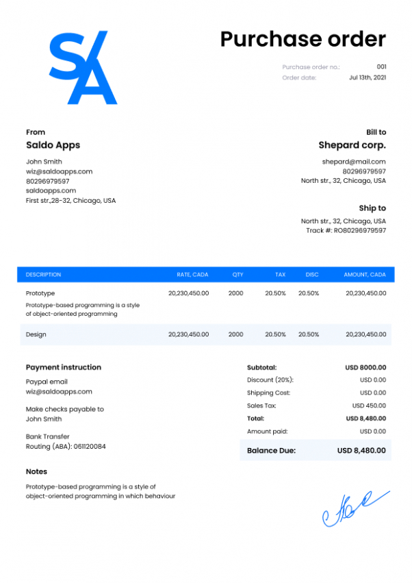 Printable Used Vehicle Purchase Order Template