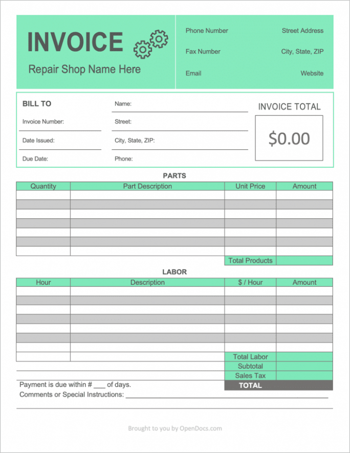 Printable Vehicle Repair Work Order Template Pdf Example