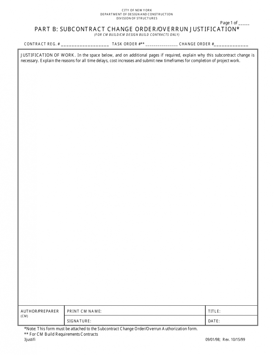 Subcontractor Change Order Form Template Word Sample