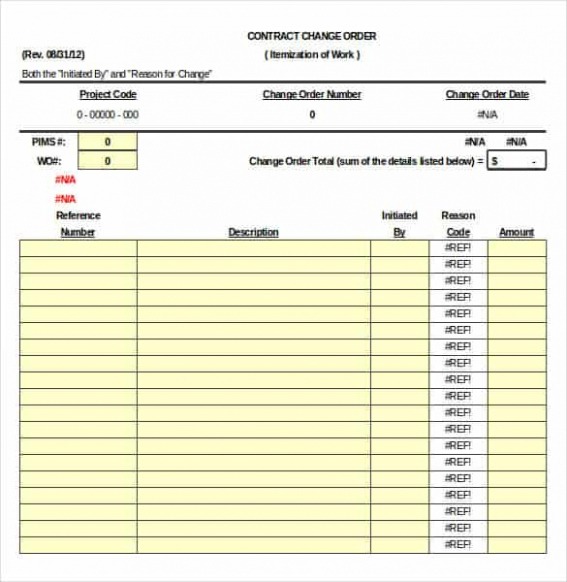 Work Change Order Form Template Excel