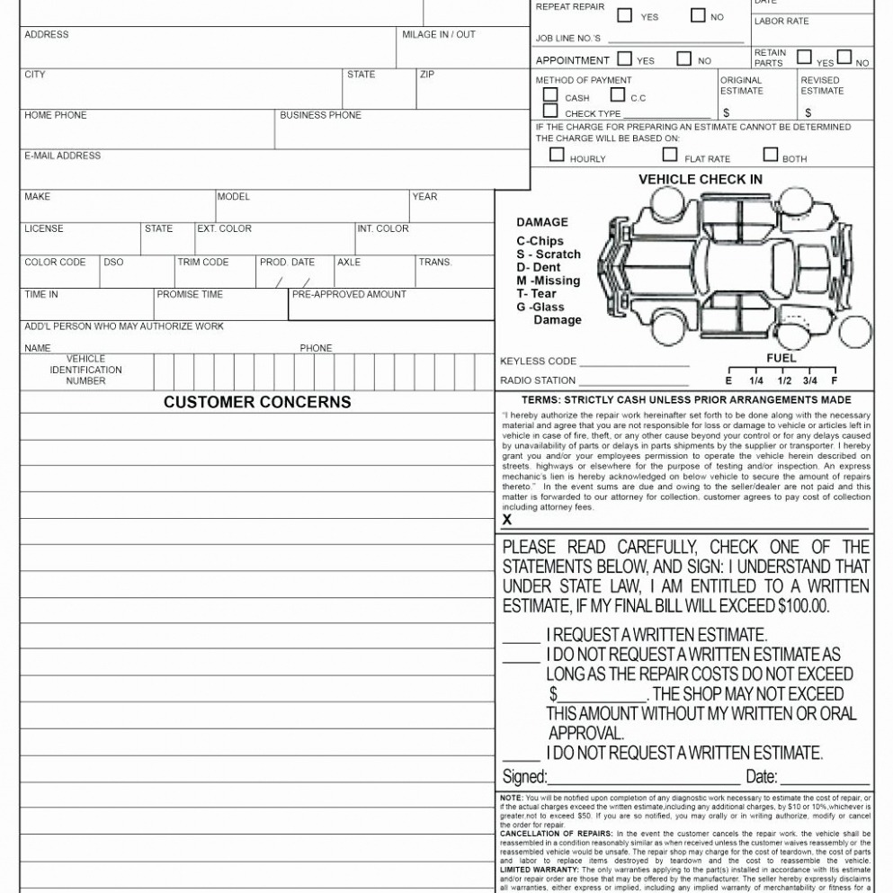 Car Repair Work Order Template Word Sample