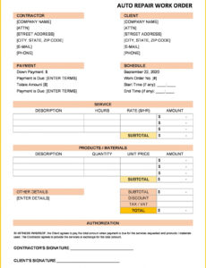 Custom Auto Repair Work Order Template Excel