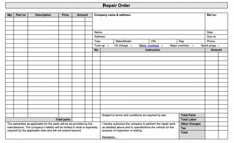 Editable Auto Mechanic Work Order Template  Sample