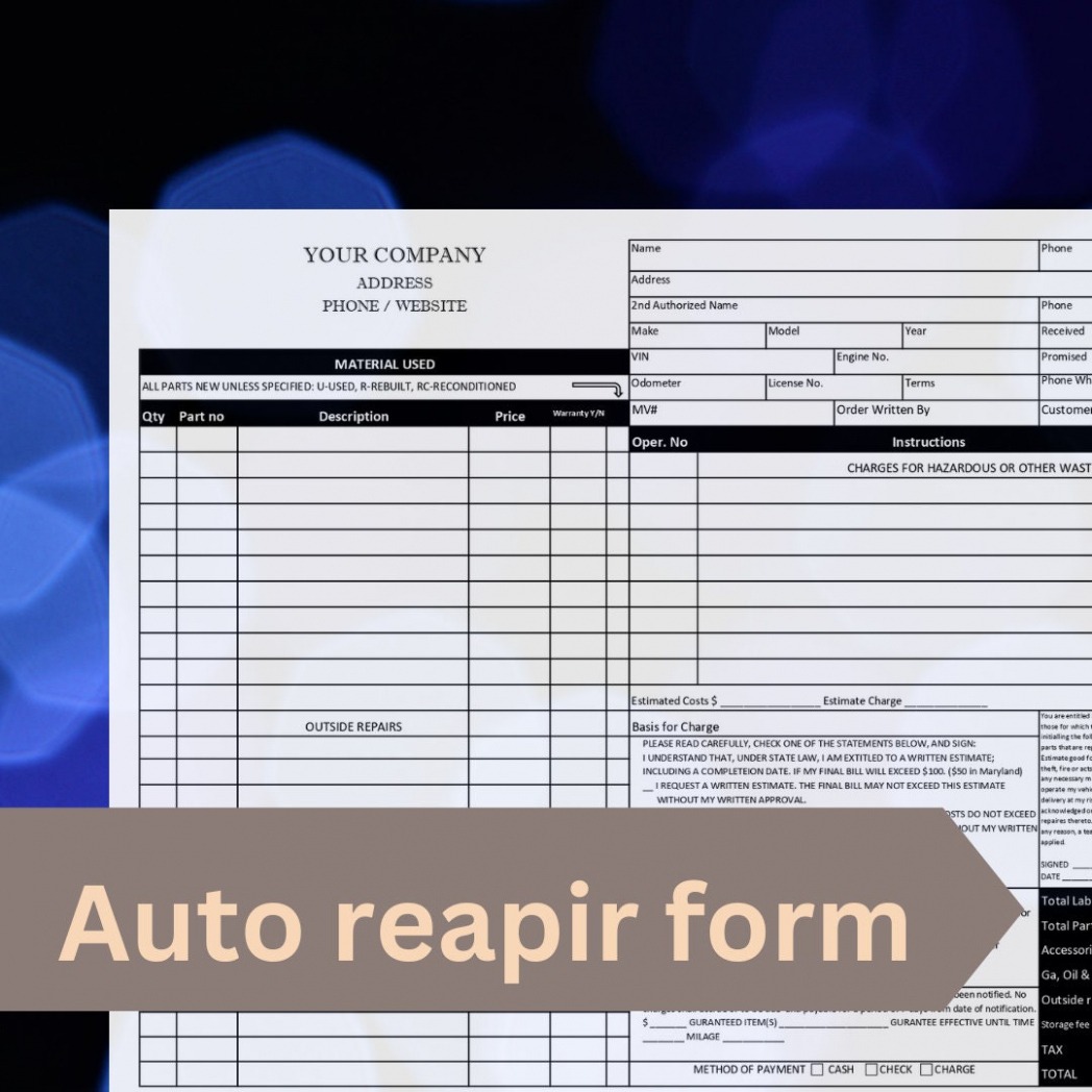 Free  Auto Repair Work Order Template Doc Example