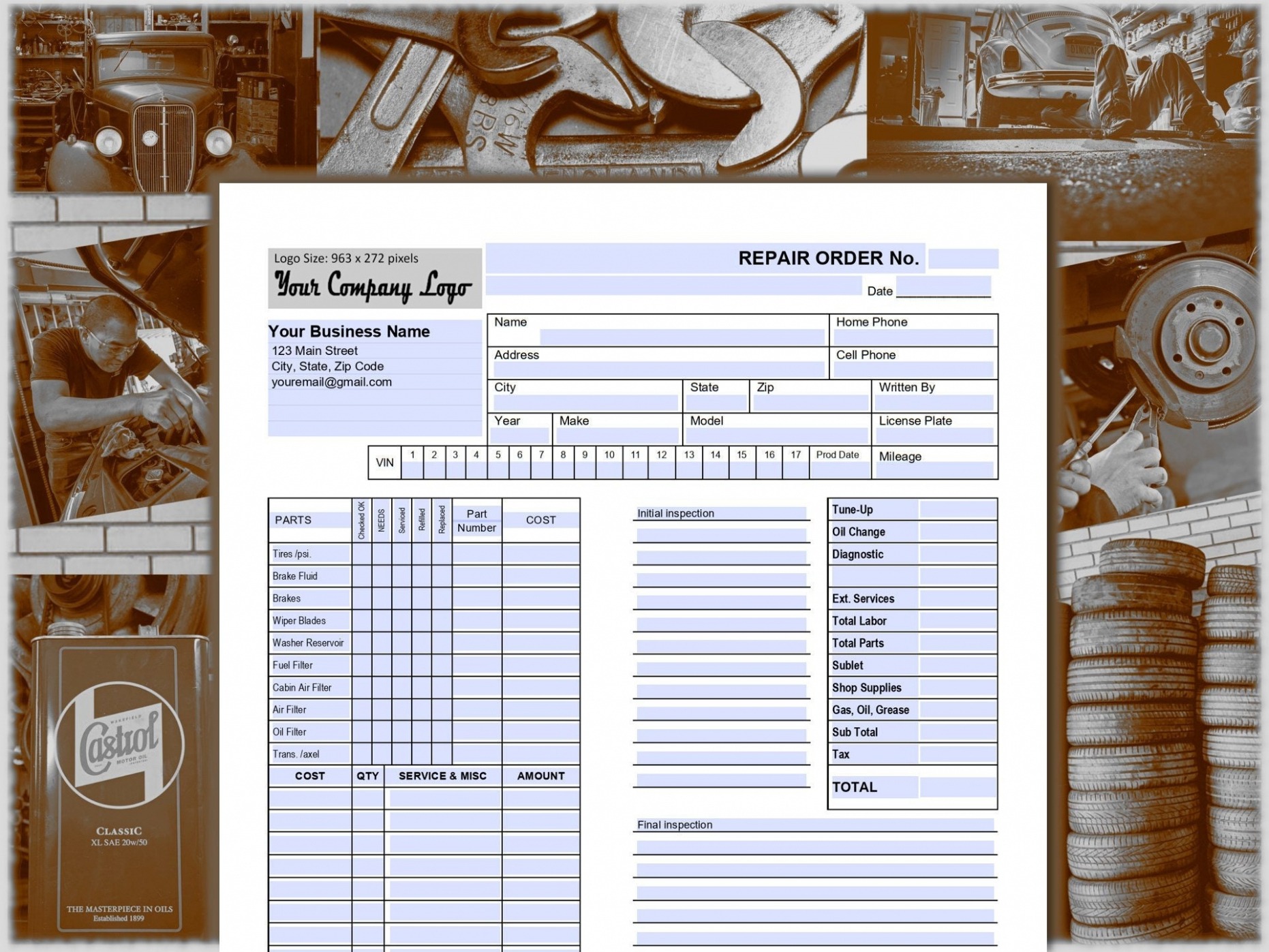 Free Custom Auto Mechanic Work Order Template Excel Sample