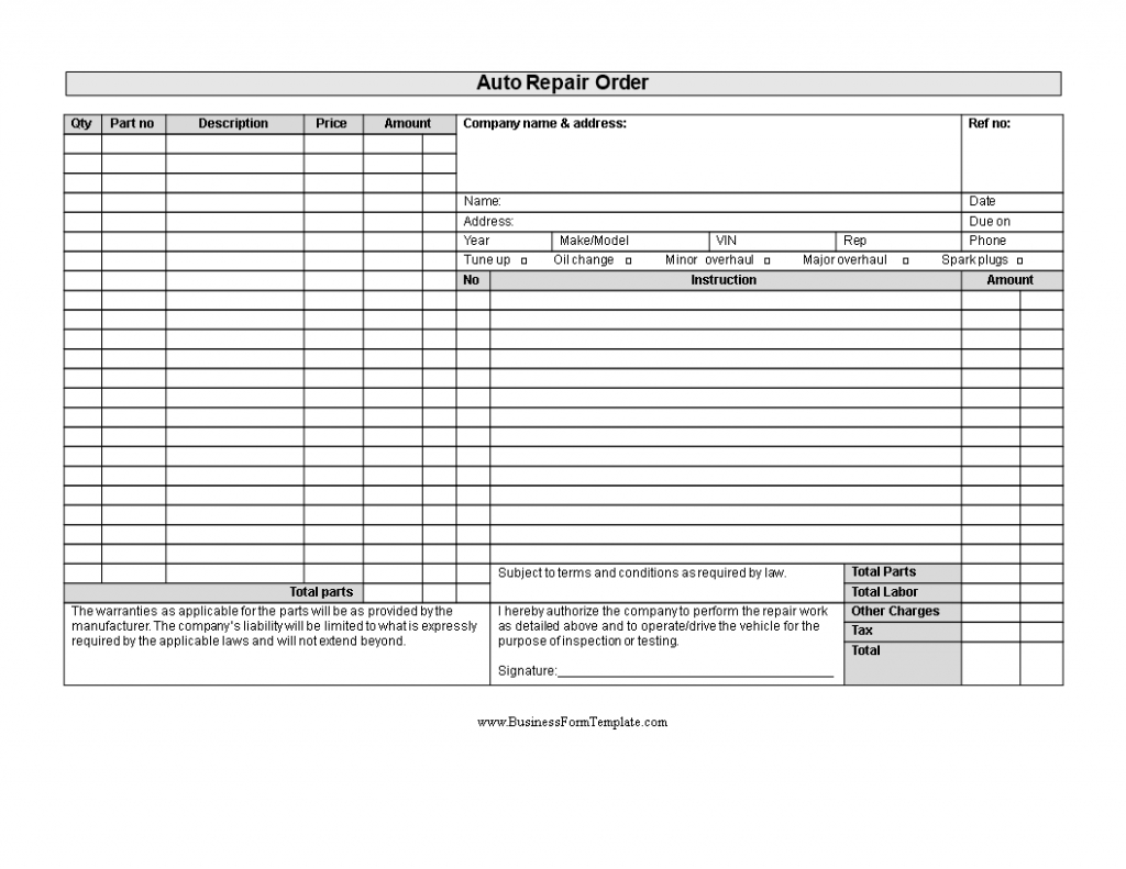 Free Custom Car Repair Work Order Template Excel