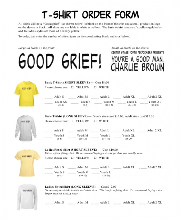 Free  Tee Shirt Order Form Template Excel Sample