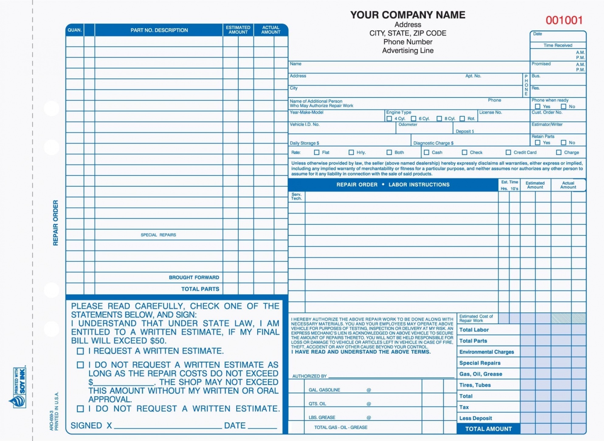 Printable Auto Repair Work Order Template Pdf Example