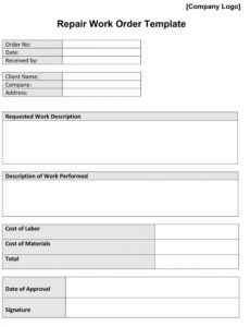 Printable Car Repair Work Order Template Excel