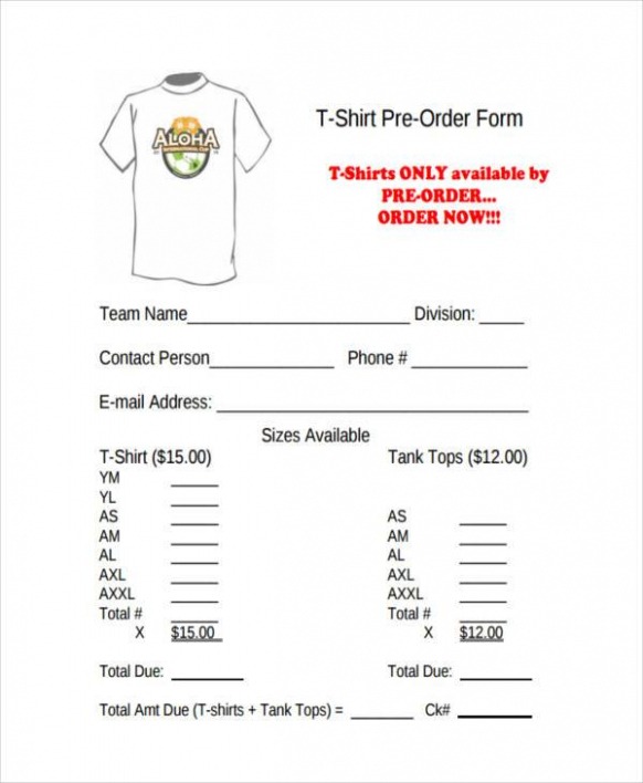 Tee Shirt Order Form Template Word Example