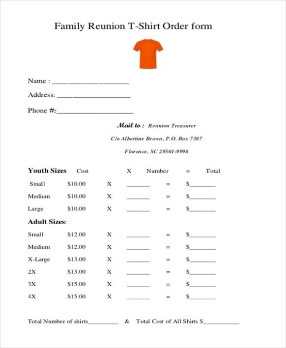 Editable Family Reunion T Shirt Order Form Template  Sample