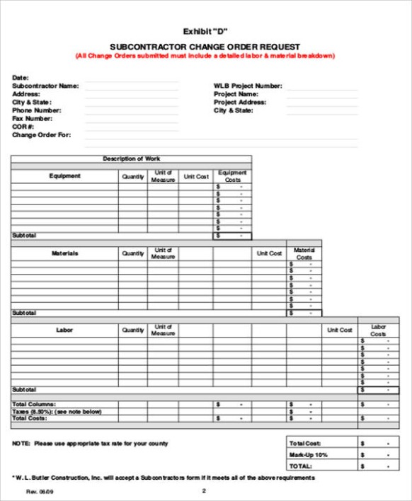 Free  Construction Change Order Request Template