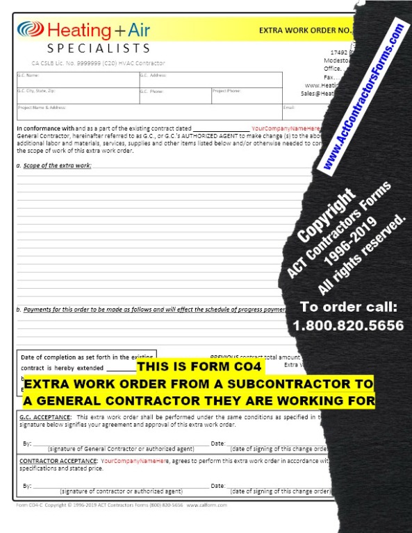 Free  Construction Extra Work Order Template Excel