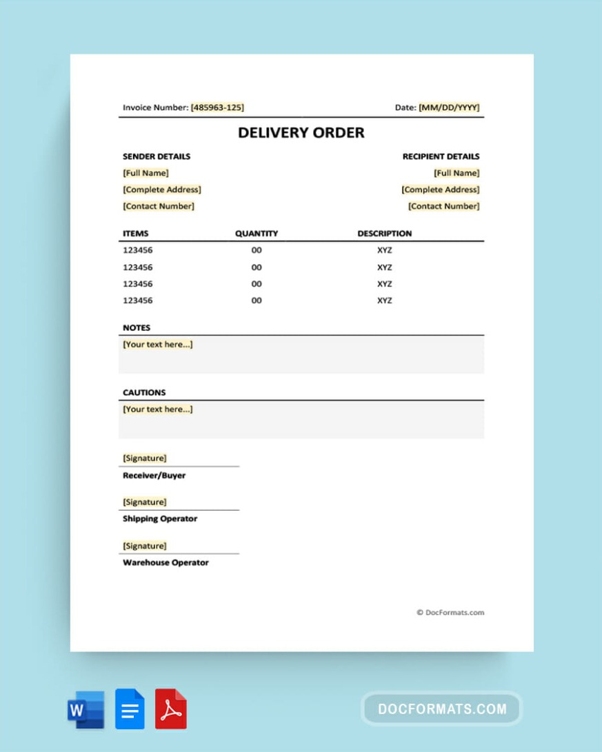 Free Custom Food Delivery Order Form Template Word Sample