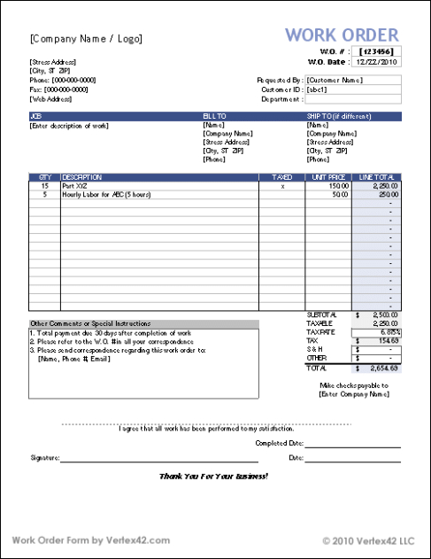 Maintenance Work Order Form Template