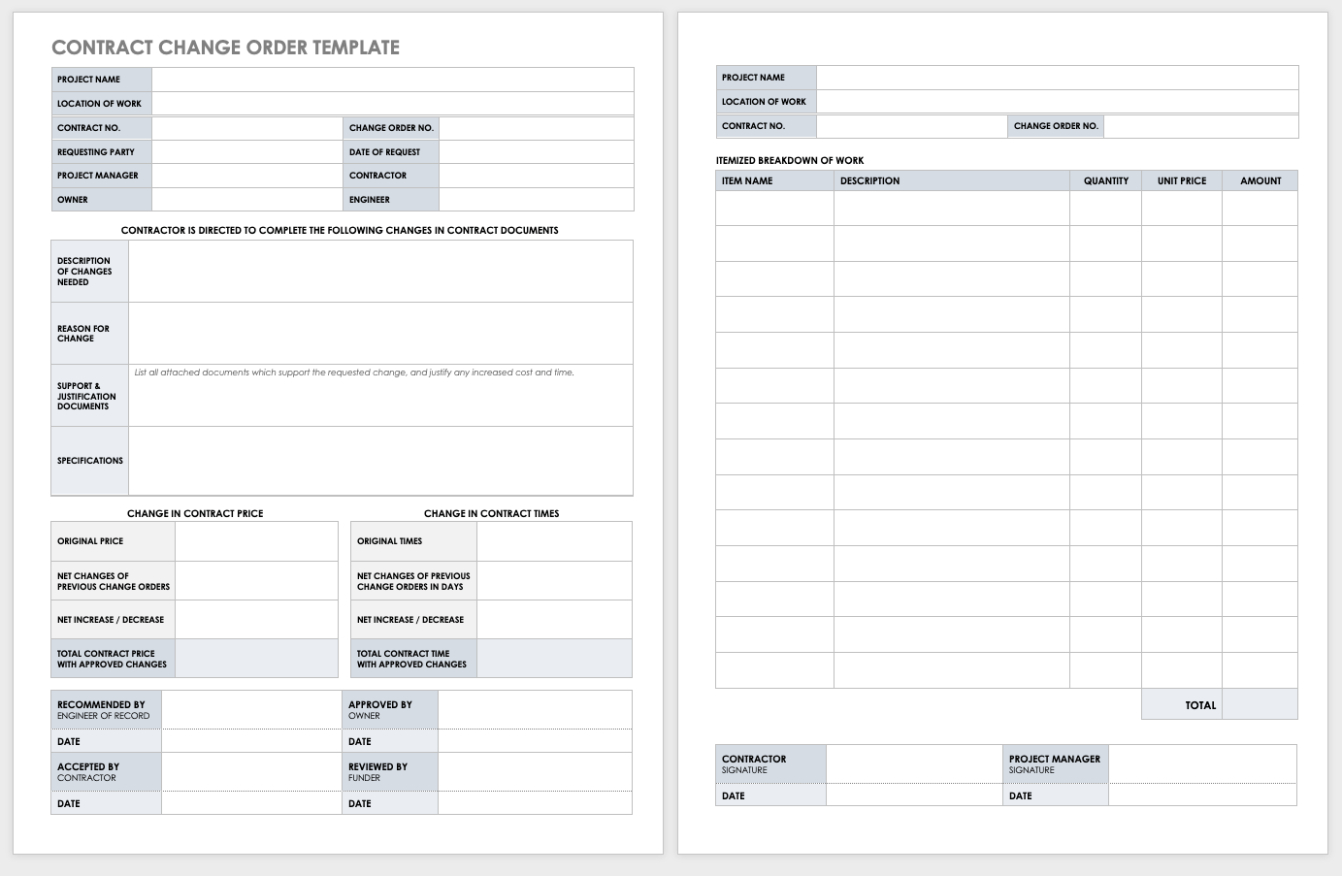 Free Printable Contractor Change Order Form Template Doc