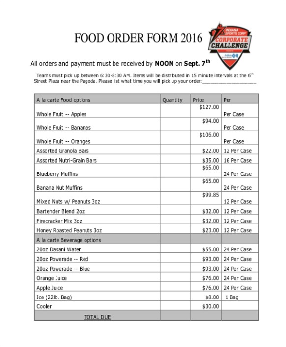 Free  Restaurant Food Order Form Template Word Sample