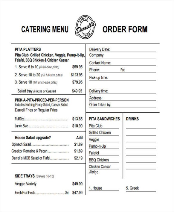 Restaurant Food Order Form Template  Sample