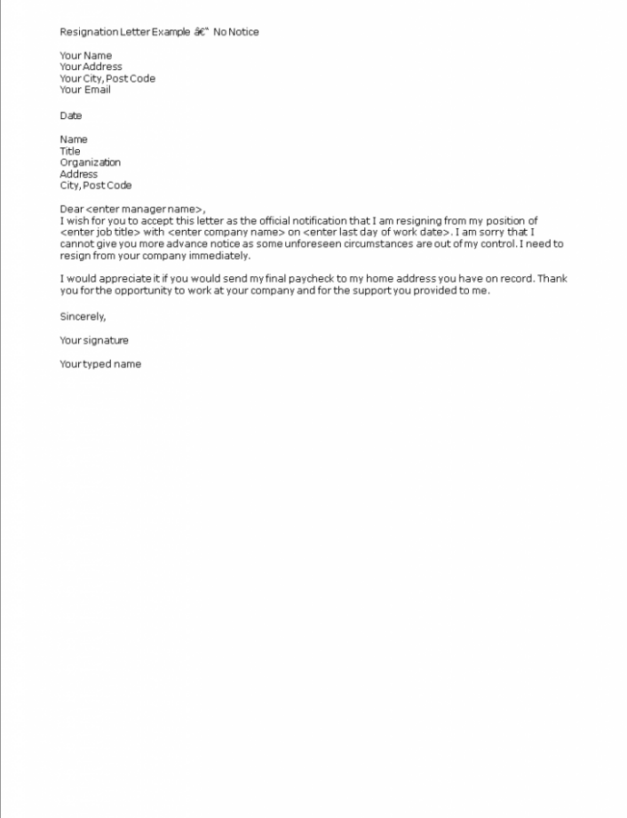 Short Notice Resignation Letter Template